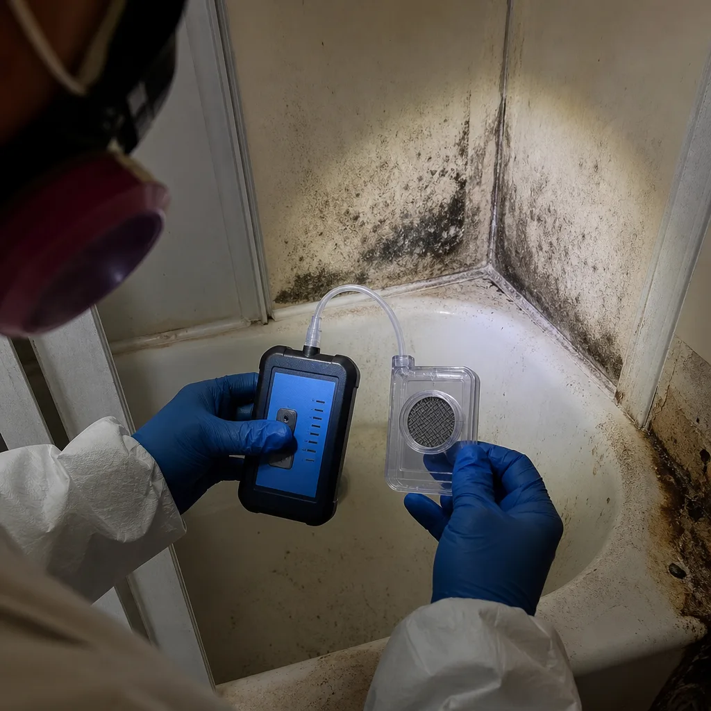 Professional performing a mold air quality test in a bathroom