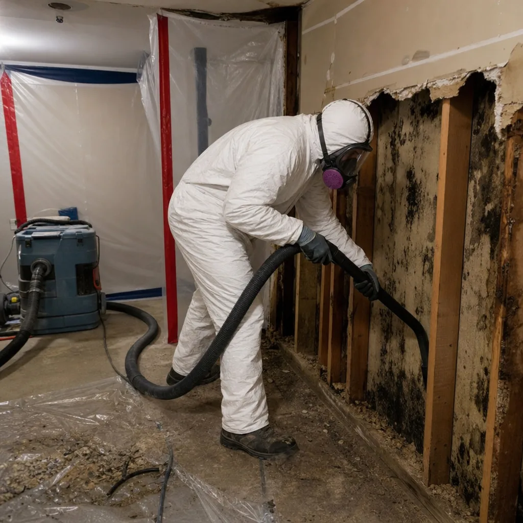 Technician in protective gear performing professional mold remediation on wall studs