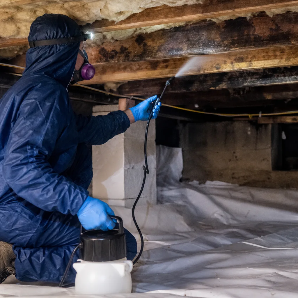 Professional technician performing crawl space mold remediation and sanitization services.
