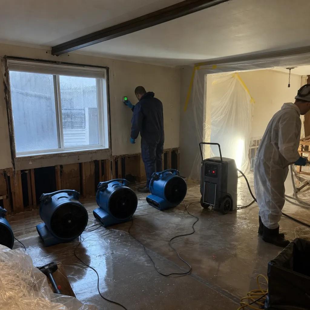 Technicians performing professional water damage restoration using drying equipment.