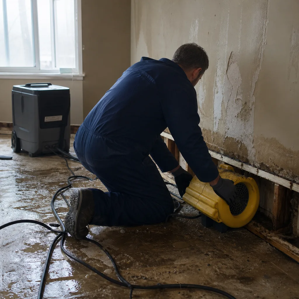 Professional restoration technician drying water-damaged walls with industrial air mover