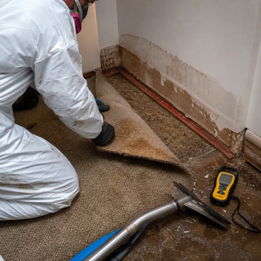 Professional restoration expert checking water-damaged carpet and flooring with moisture meter